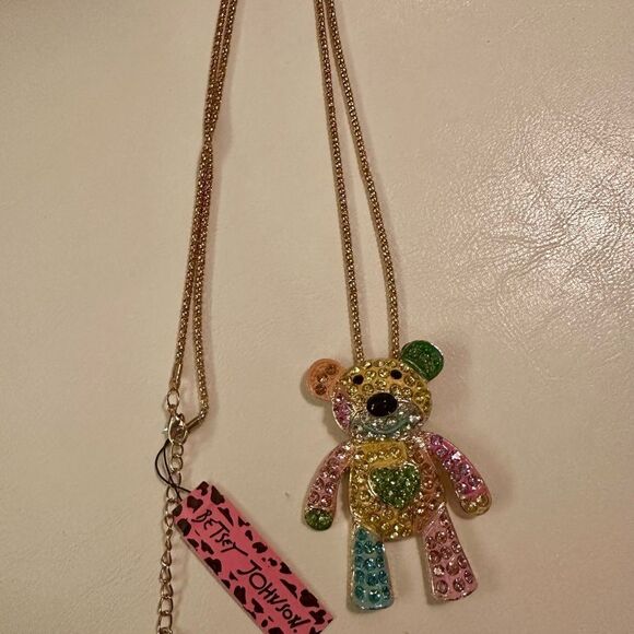 Betsey Johnson multi color, rhinestone Teddy Bear necklace. - Picture 3 of 5